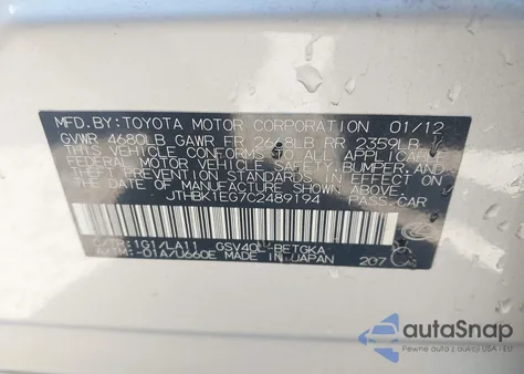 2012 Lexus Es 350 из США, поврежденный, VIN JTHBK1EG7C2489194